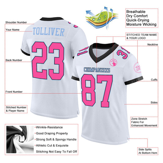 Custom White Pink Black-Light Blue Mesh Authentic Football Jersey - Sky-Custom