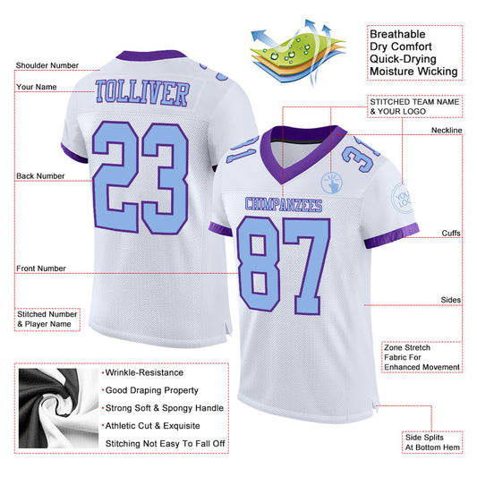 Custom White Light Blue-Purple Mesh Authentic Football Jersey - Sky-Custom