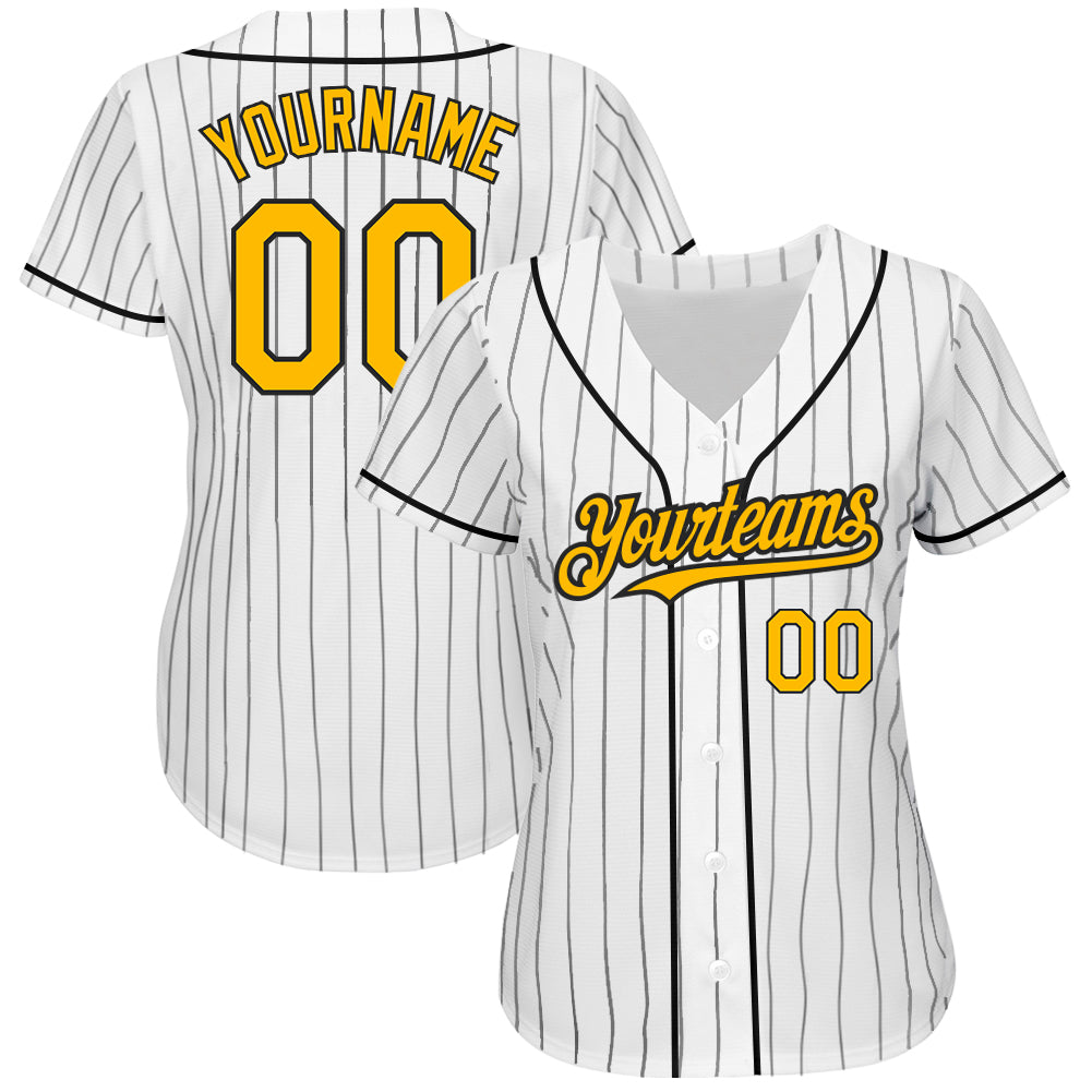 Custom White Black Pinstripe Gold Authentic Baseball Jersey - Sky-Custom