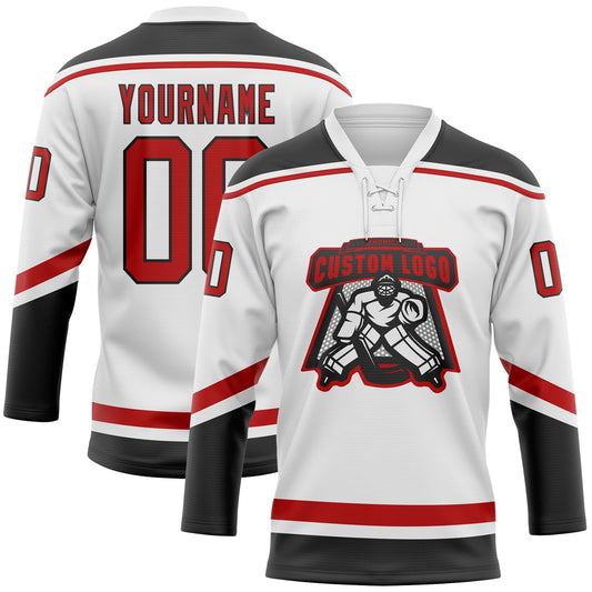 Custom White Red-Black Hockey Lace Neck Jersey - Sky-Custom