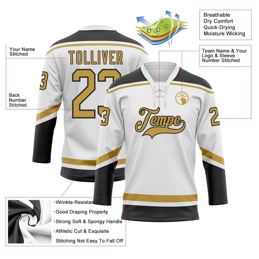 Custom White Old Gold-Black Hockey Lace Neck Jersey - Sky-Custom