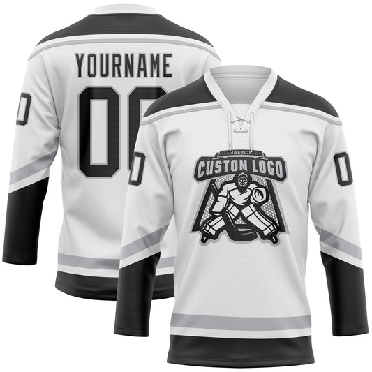Custom White Black-Gray Hockey Lace Neck Jersey - Sky-Custom