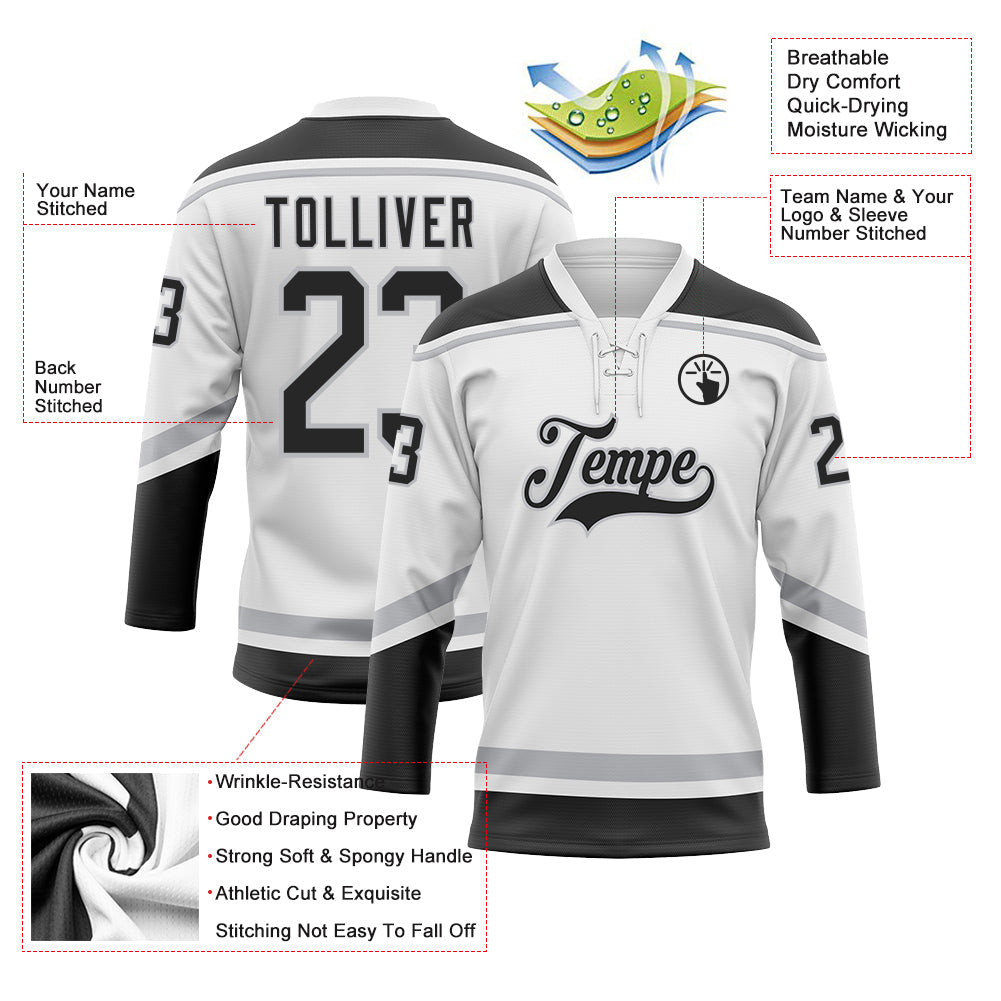 Custom White Black-Gray Hockey Lace Neck Jersey - Sky-Custom