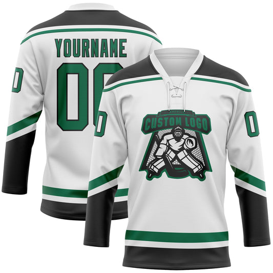 Custom White Kelly Green-Black Hockey Lace Neck Jersey - Sky-Custom