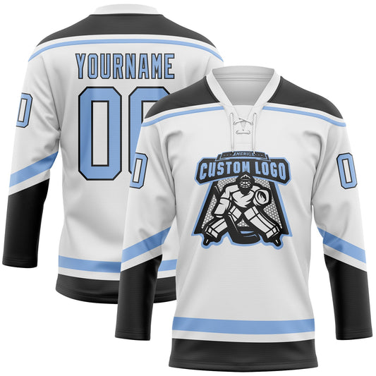 Custom White Light Blue-Black Hockey Lace Neck Jersey - Sky-Custom