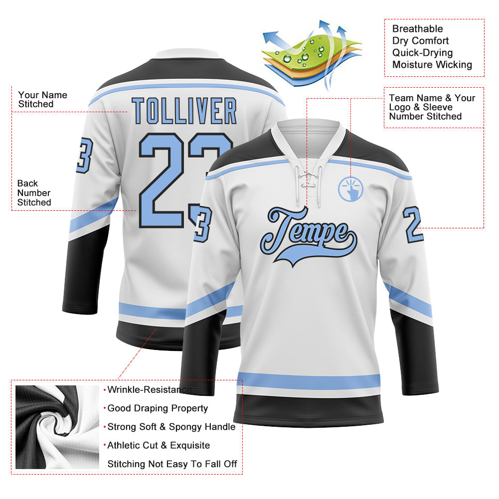 Custom White Light Blue-Black Hockey Lace Neck Jersey - Sky-Custom