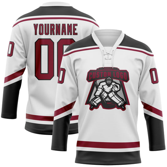 Custom White Maroon-Black Hockey Lace Neck Jersey - Sky-Custom