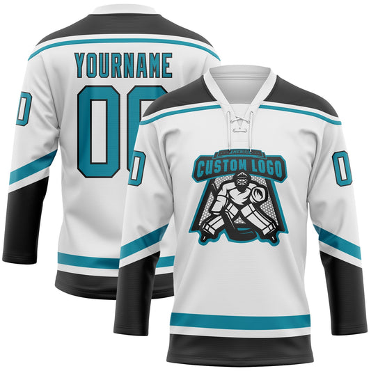 Custom White Teal-Black Hockey Lace Neck Jersey - Sky-Custom