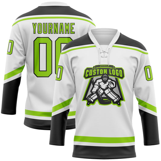 Custom White Neon Green-Black Hockey Lace Neck Jersey - Sky-Custom
