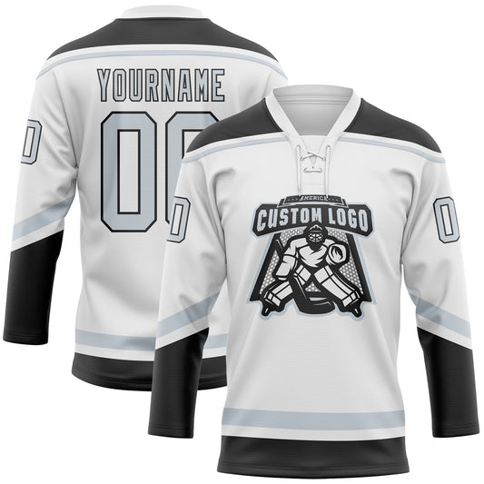 Custom White Silver-Black Hockey Lace Neck Jersey - Sky-Custom