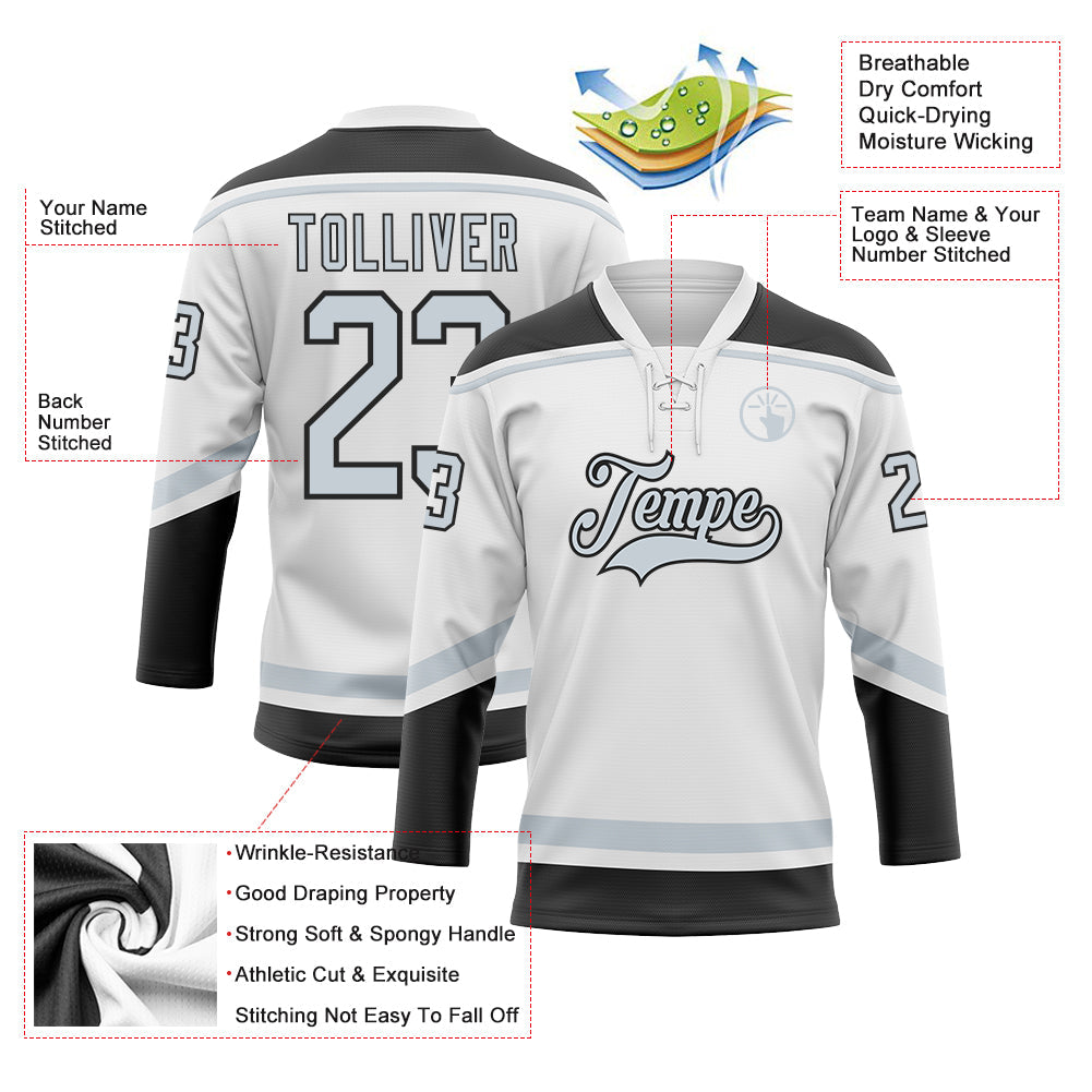 Custom White Silver-Black Hockey Lace Neck Jersey - Sky-Custom
