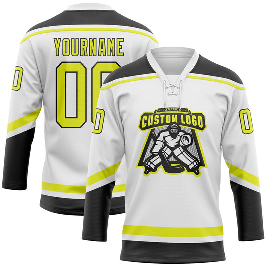 Custom White Neon Yellow-Black Hockey Lace Neck Jersey - Sky-Custom