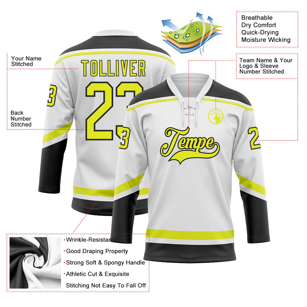 Custom White Neon Yellow-Black Hockey Lace Neck Jersey - Sky-Custom