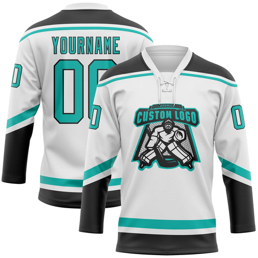 Custom White Aqua-Black Hockey Lace Neck Jersey - Sky-Custom