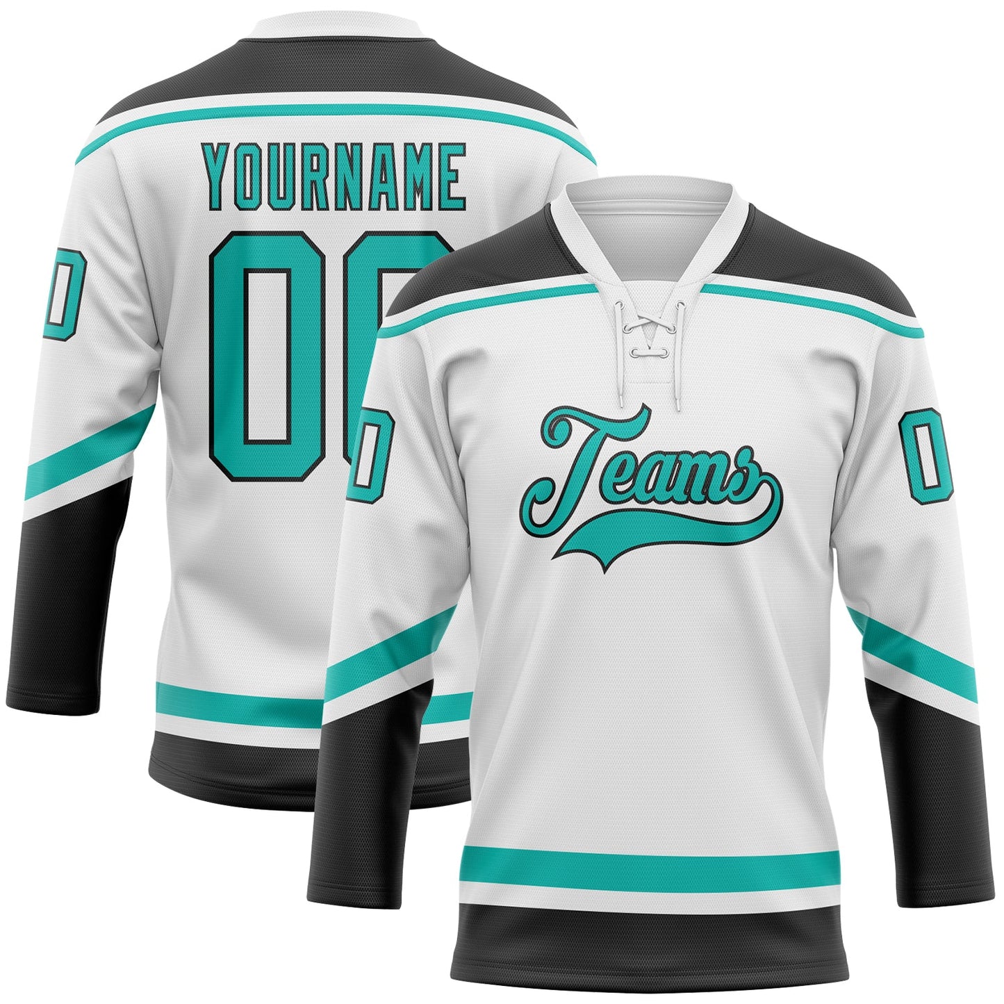 Custom White Aqua-Black Hockey Lace Neck Jersey - Sky-Custom