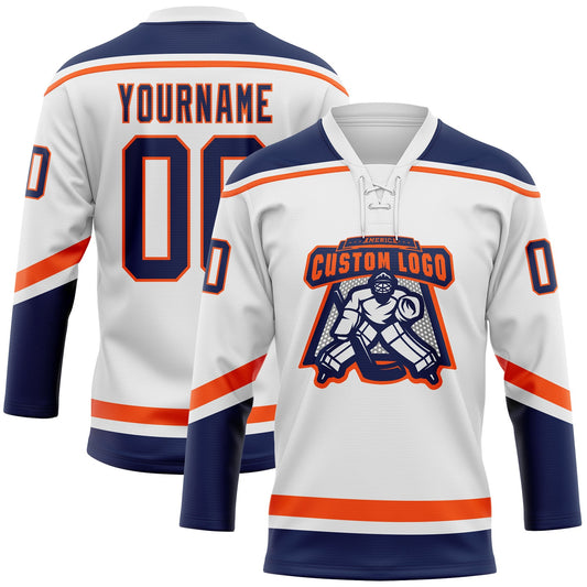 Custom White Navy-Orange Hockey Lace Neck Jersey - Sky-Custom