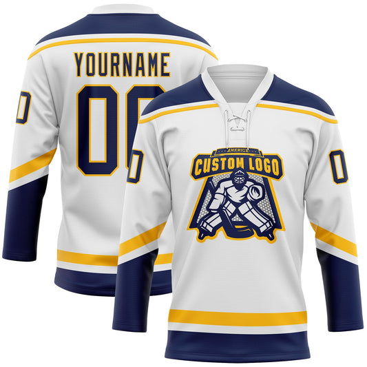 Custom White Navy-Gold Hockey Lace Neck Jersey - Sky-Custom