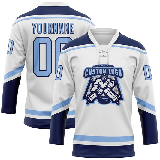 Custom White Light Blue-Navy Hockey Lace Neck Jersey - Sky-Custom