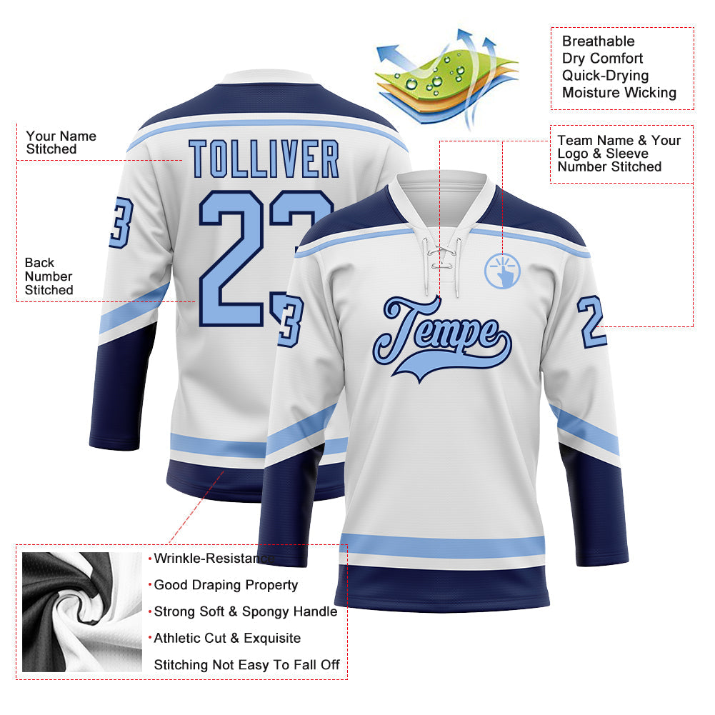 Custom White Light Blue-Navy Hockey Lace Neck Jersey - Sky-Custom