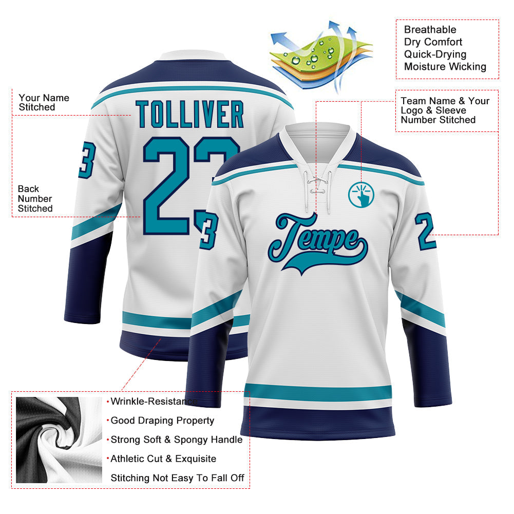 Custom White Teal-Navy Hockey Lace Neck Jersey - Sky-Custom