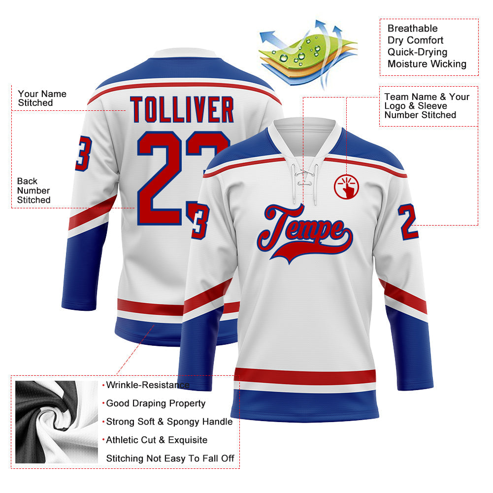 Custom White Red-Royal Hockey Lace Neck Jersey - Sky-Custom