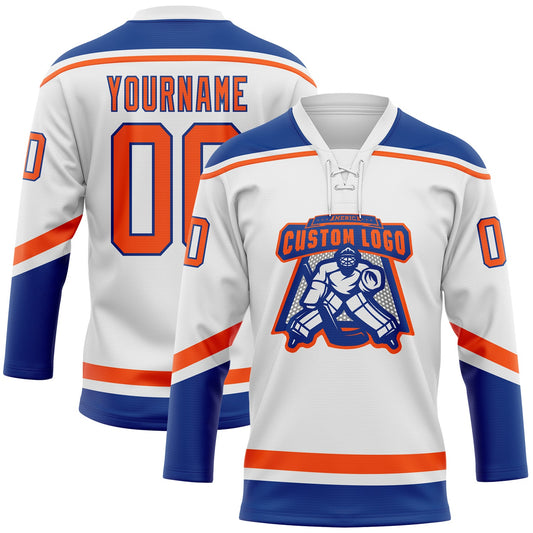 Custom White Orange-Royal Hockey Lace Neck Jersey - Sky-Custom