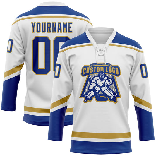 Custom White Royal-Old Gold Hockey Lace Neck Jersey - Sky-Custom