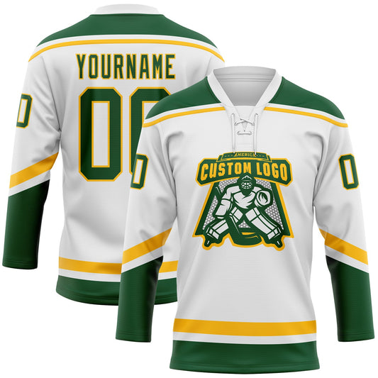 Custom White Green-Gold Hockey Lace Neck Jersey - Sky-Custom