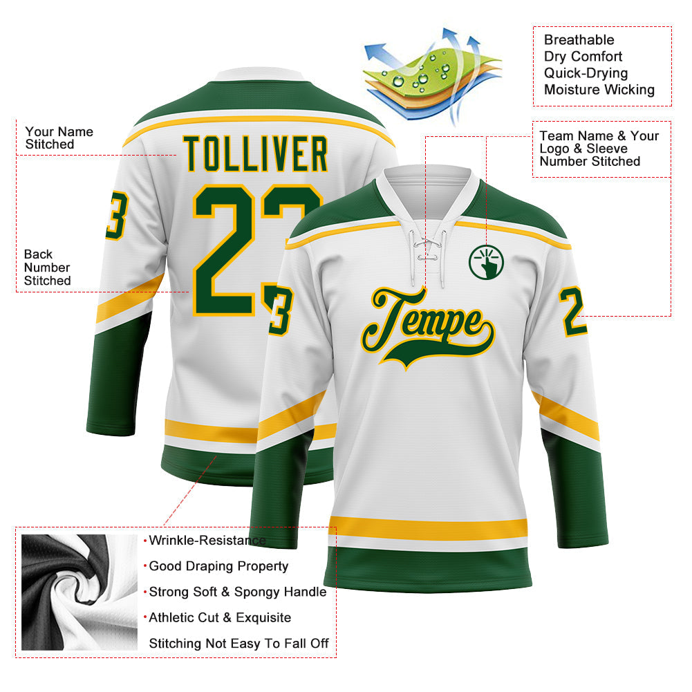 Custom White Green-Gold Hockey Lace Neck Jersey - Sky-Custom