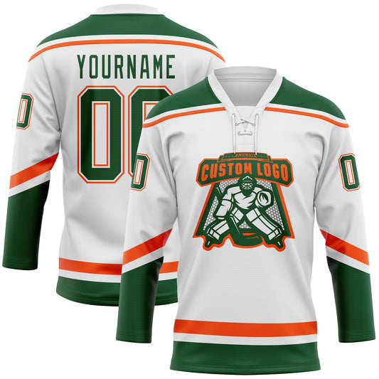 Custom White Green-Orange Hockey Lace Neck Jersey - Sky-Custom