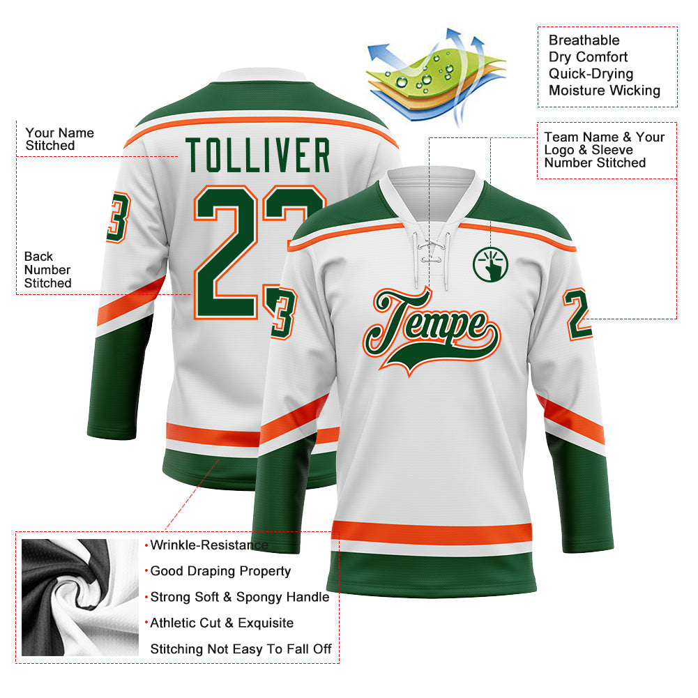 Custom White Green-Orange Hockey Lace Neck Jersey - Sky-Custom
