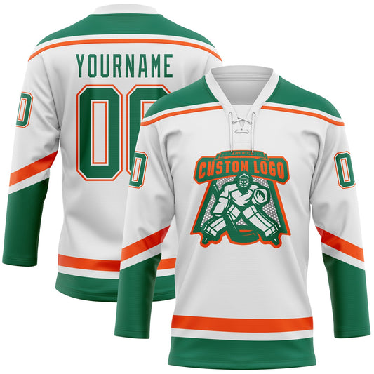 Custom White Kelly Green-Orange Hockey Lace Neck Jersey - Sky-Custom