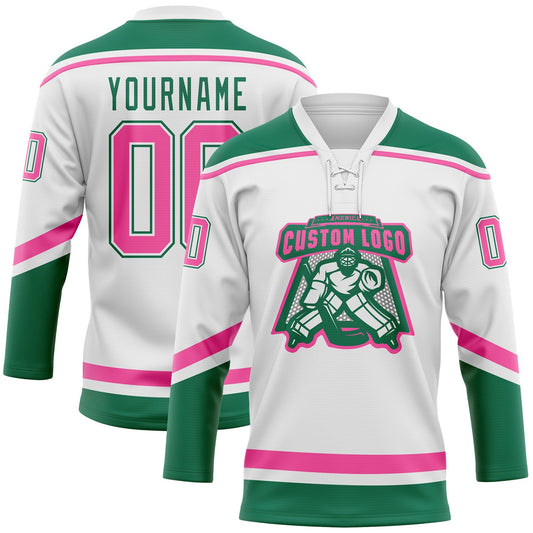 Custom White Pink-Kelly Green Hockey Lace Neck Jersey - Sky-Custom