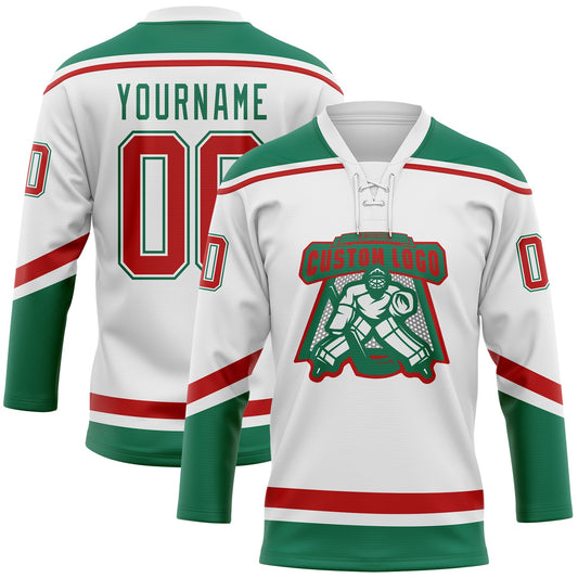 Custom White Red-Kelly Green Hockey Lace Neck Jersey - Sky-Custom