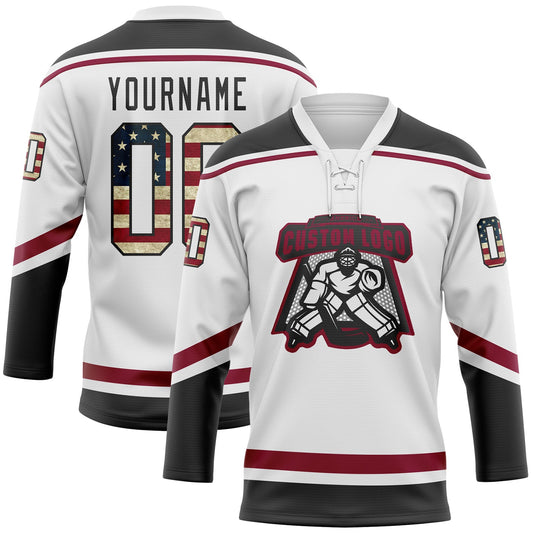 Custom White Vintage USA Flag Black-Maroon Hockey Lace Neck Jersey - Sky-Custom