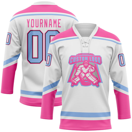 Custom White Light Blue Black-Pink Hockey Lace Neck Jersey - Sky-Custom