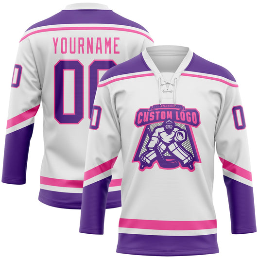 Custom White Purple-Pink Hockey Lace Neck Jersey - Sky-Custom