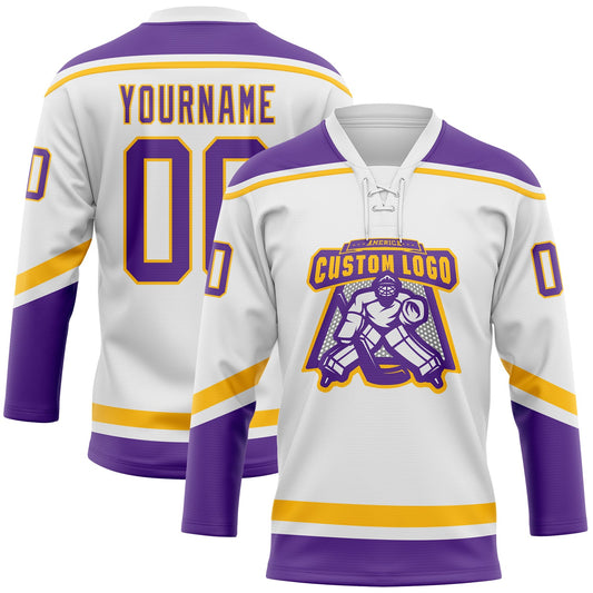 Custom White Purple-Gold Hockey Lace Neck Jersey - Sky-Custom