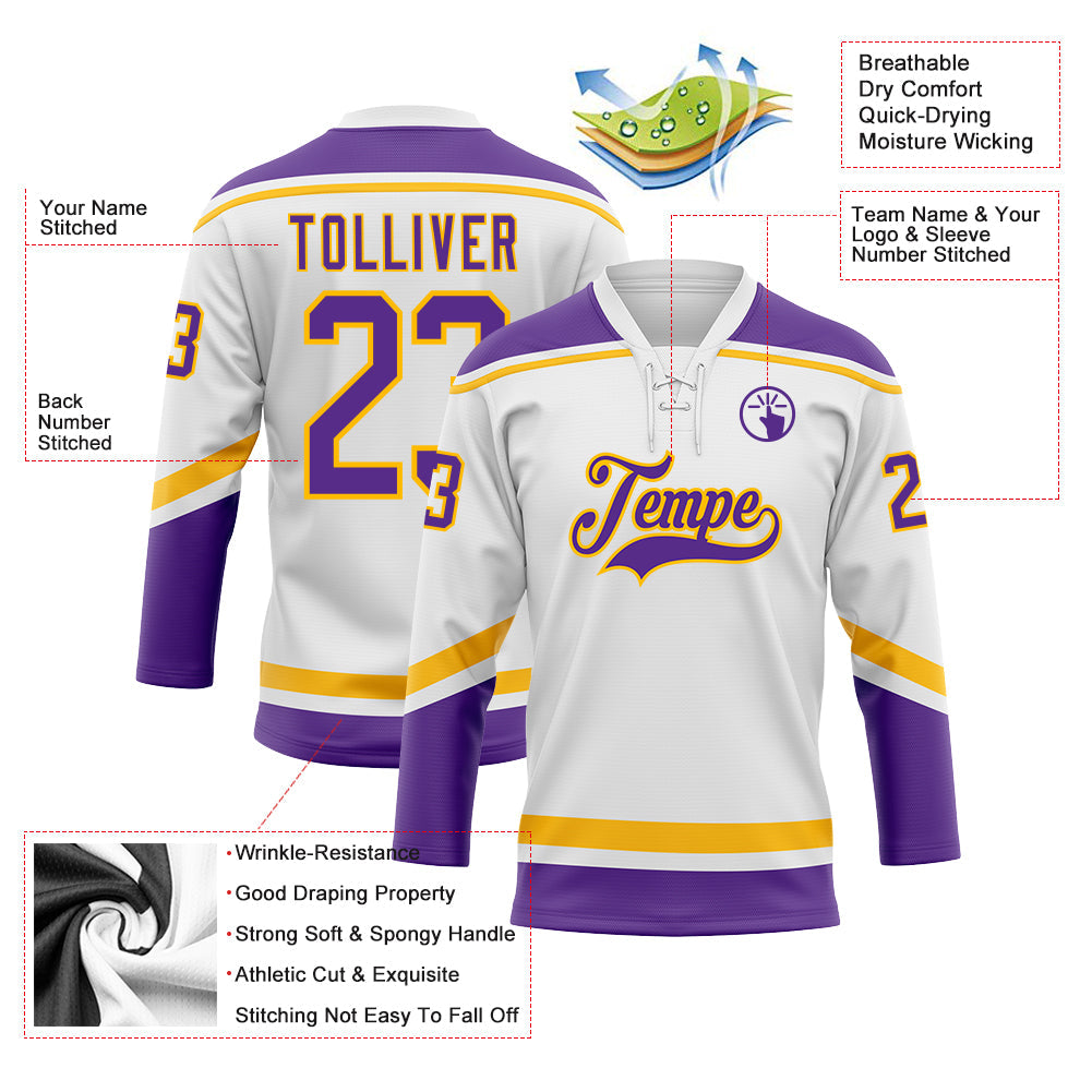 Custom White Purple-Gold Hockey Lace Neck Jersey - Sky-Custom