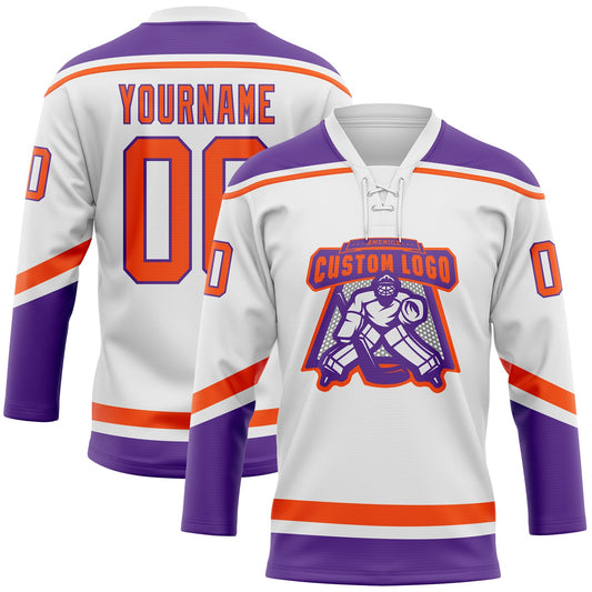 Custom White Orange-Purple Hockey Lace Neck Jersey - Sky-Custom