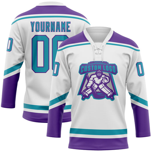 Custom White Teal-Purple Hockey Lace Neck Jersey - Sky-Custom