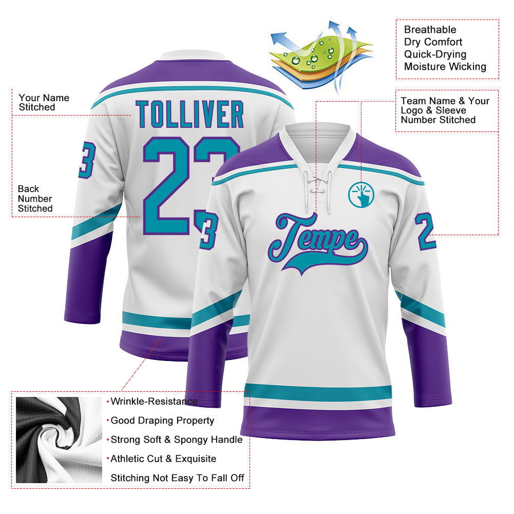 Custom White Teal-Purple Hockey Lace Neck Jersey - Sky-Custom