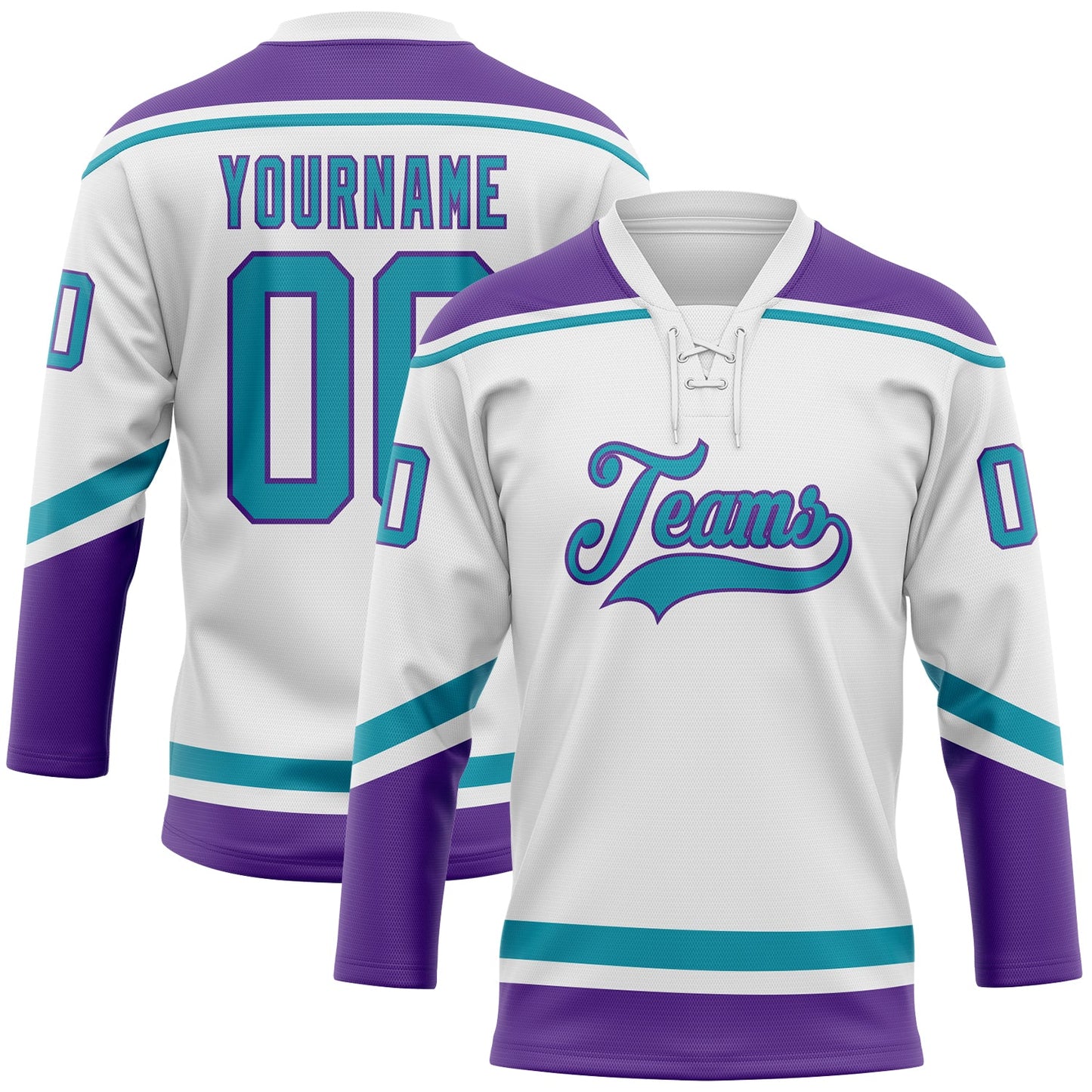 Custom White Teal-Purple Hockey Lace Neck Jersey - Sky-Custom
