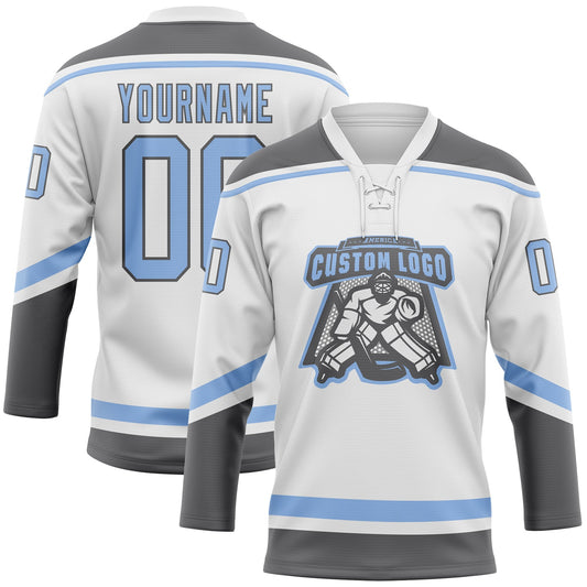 Custom White Light Blue-Steel Gray Hockey Lace Neck Jersey - Sky-Custom