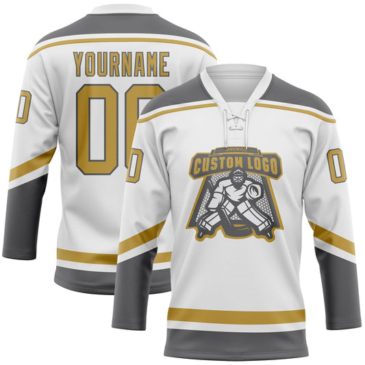 Custom White Old Gold-Steel Gray Hockey Lace Neck Jersey - Sky-Custom