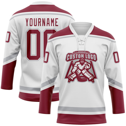 Custom White Crimson-Gray Hockey Lace Neck Jersey - Sky-Custom
