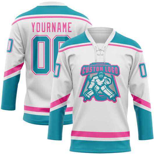 Custom White Teal-Pink Hockey Lace Neck Jersey - Sky-Custom