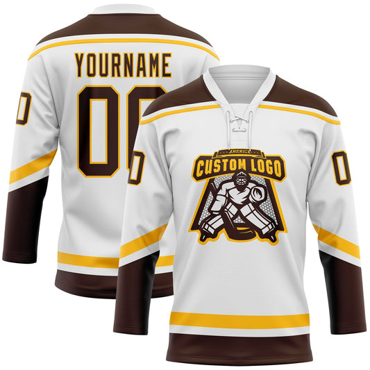 Custom White Brown-Gold Hockey Lace Neck Jersey - Sky-Custom