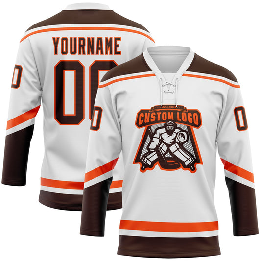 Custom White Brown-Orange Hockey Lace Neck Jersey - Sky-Custom