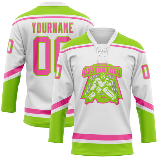 Custom White Pink-Neon Green Hockey Lace Neck Jersey - Sky-Custom
